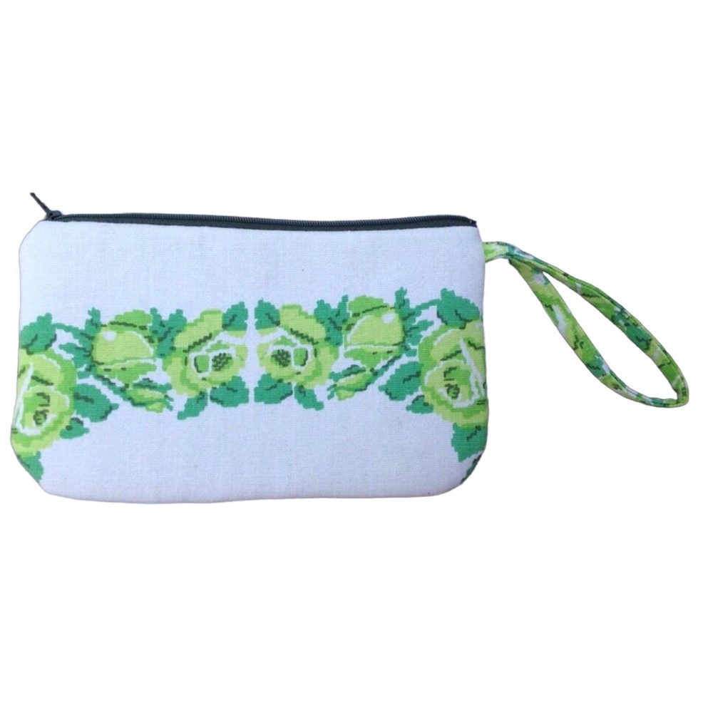 Vintage Fabric Handmade Wristlet Clutch Floral Green Make up Travel Case Bag - Picture 6 of 10